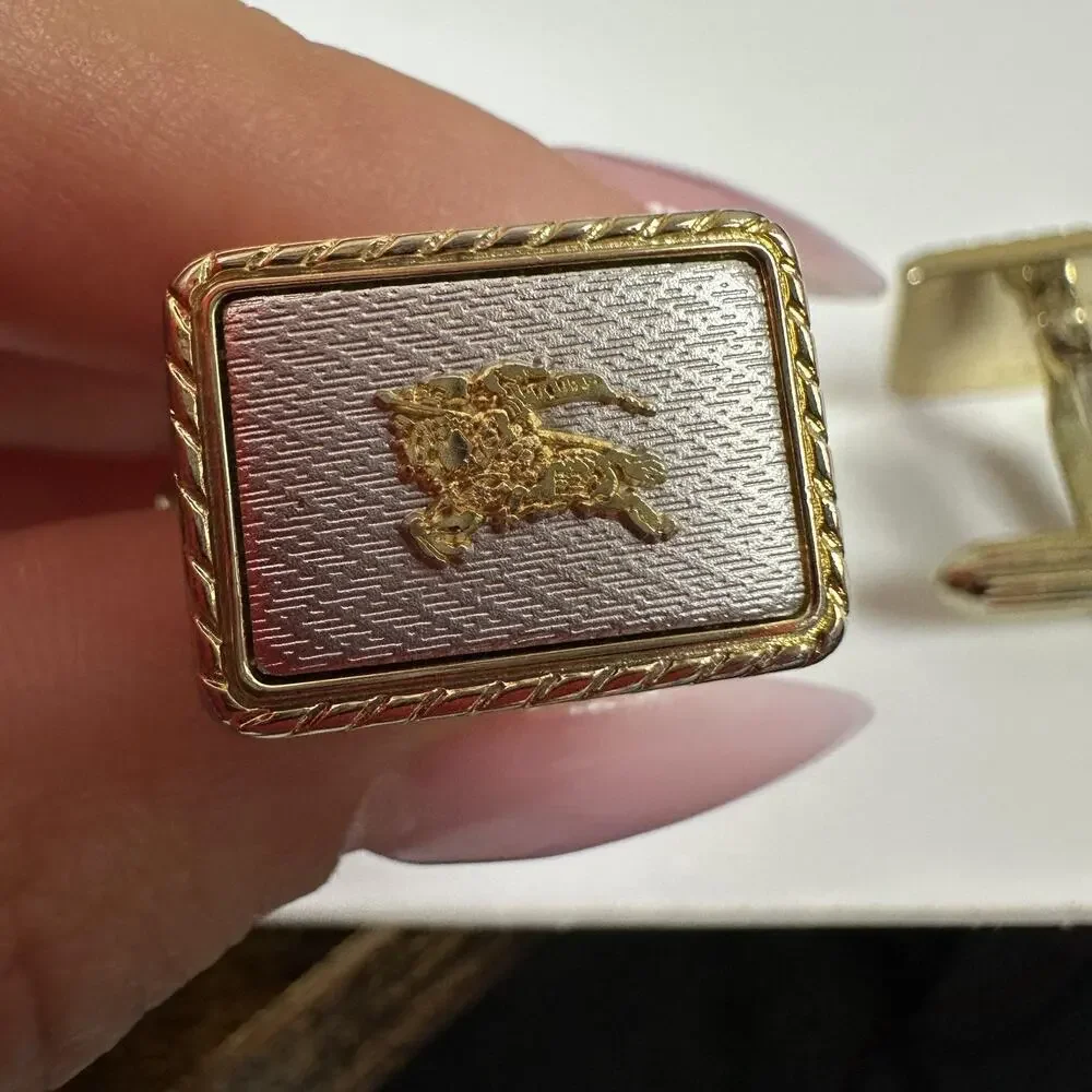 Vintage Burberrys Cufflinks Mens Gold Silver Tone Logo Rectangular Bullet Back